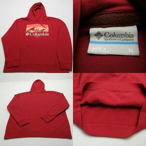 Columbia Hoodie Men XL Maroon Mountains Graphic Heavyweight Outdoors Hiking Warm